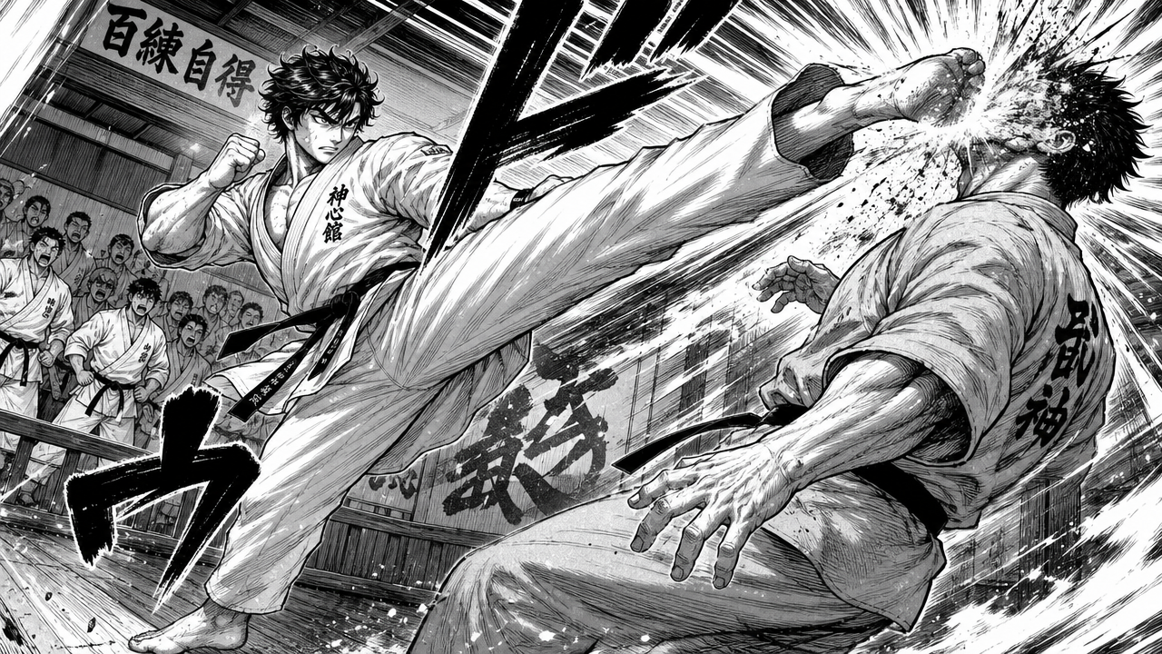 AI comic book maker manga fighter action example with dynamic kick pose and speed lines