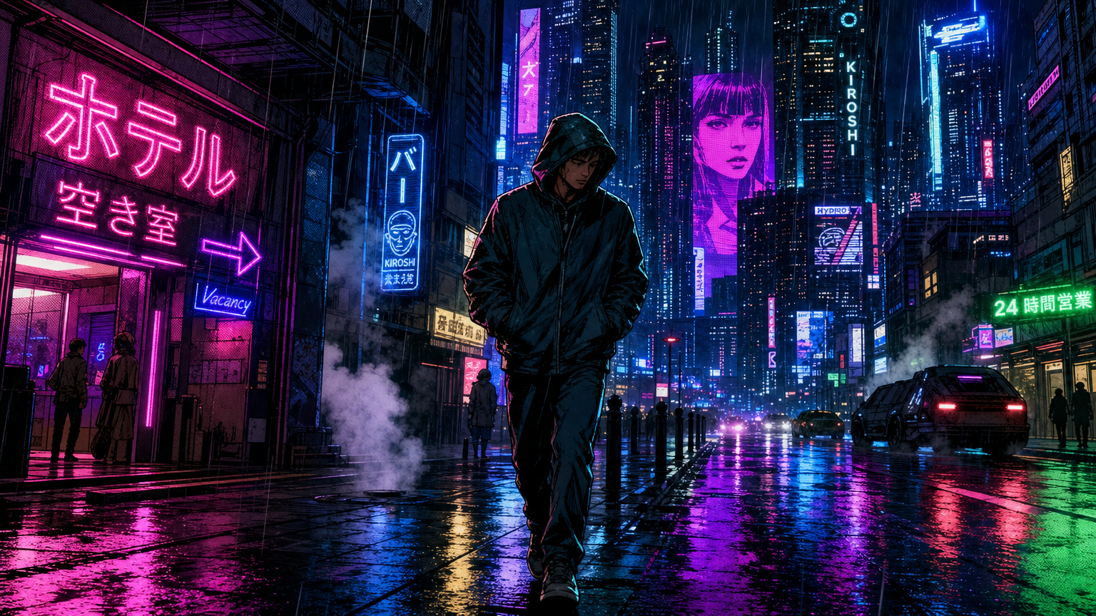 AI comic book maker cyberpunk natural scene with neon lighting and futuristic style