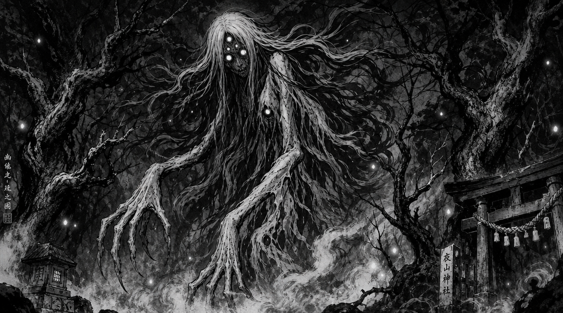 AI comic book maker yokai horror example with supernatural Japanese folklore creatures in dark forest