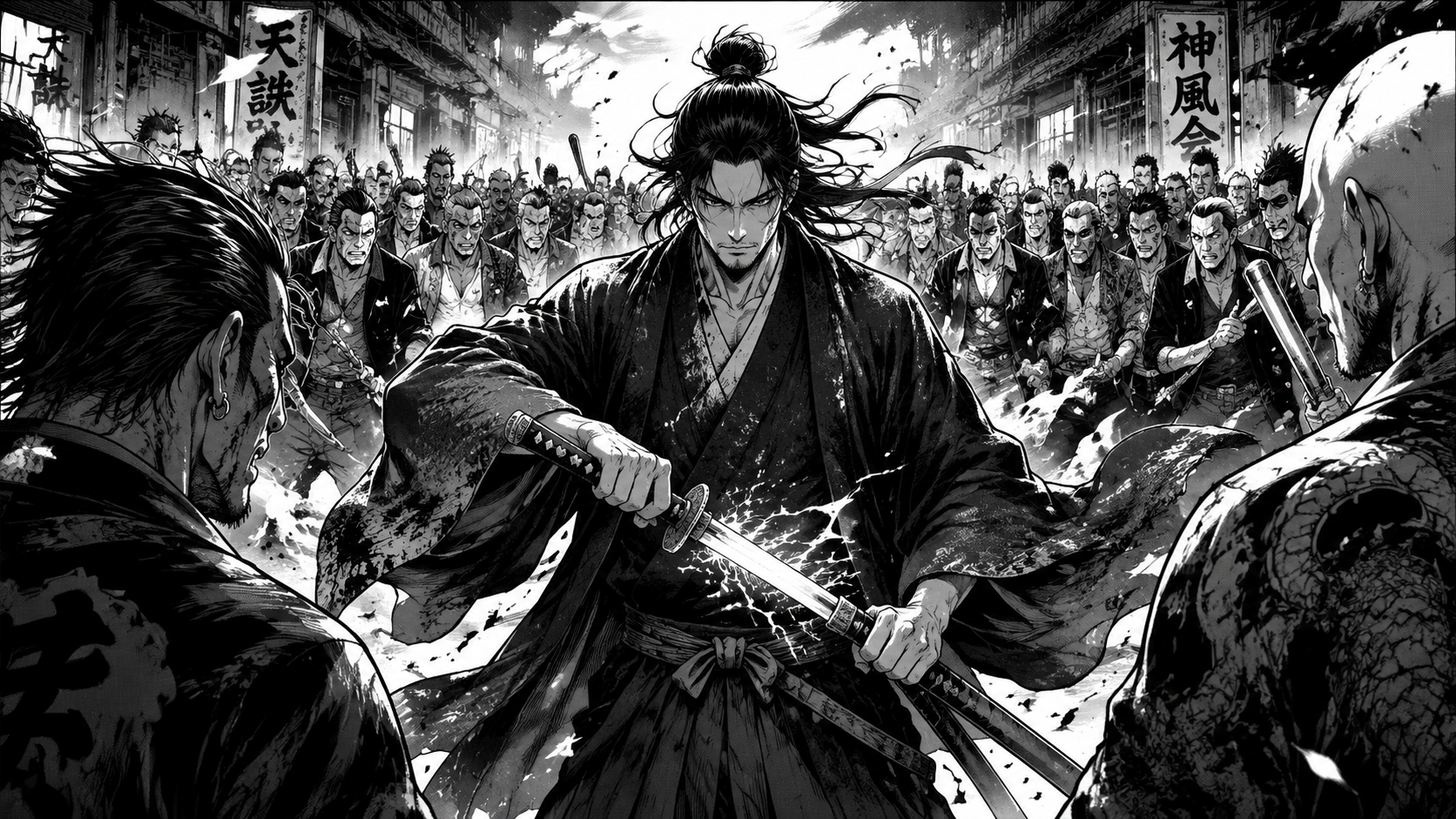 AI comic book maker ronin vs gang example with samurai battle scene in feudal Japan