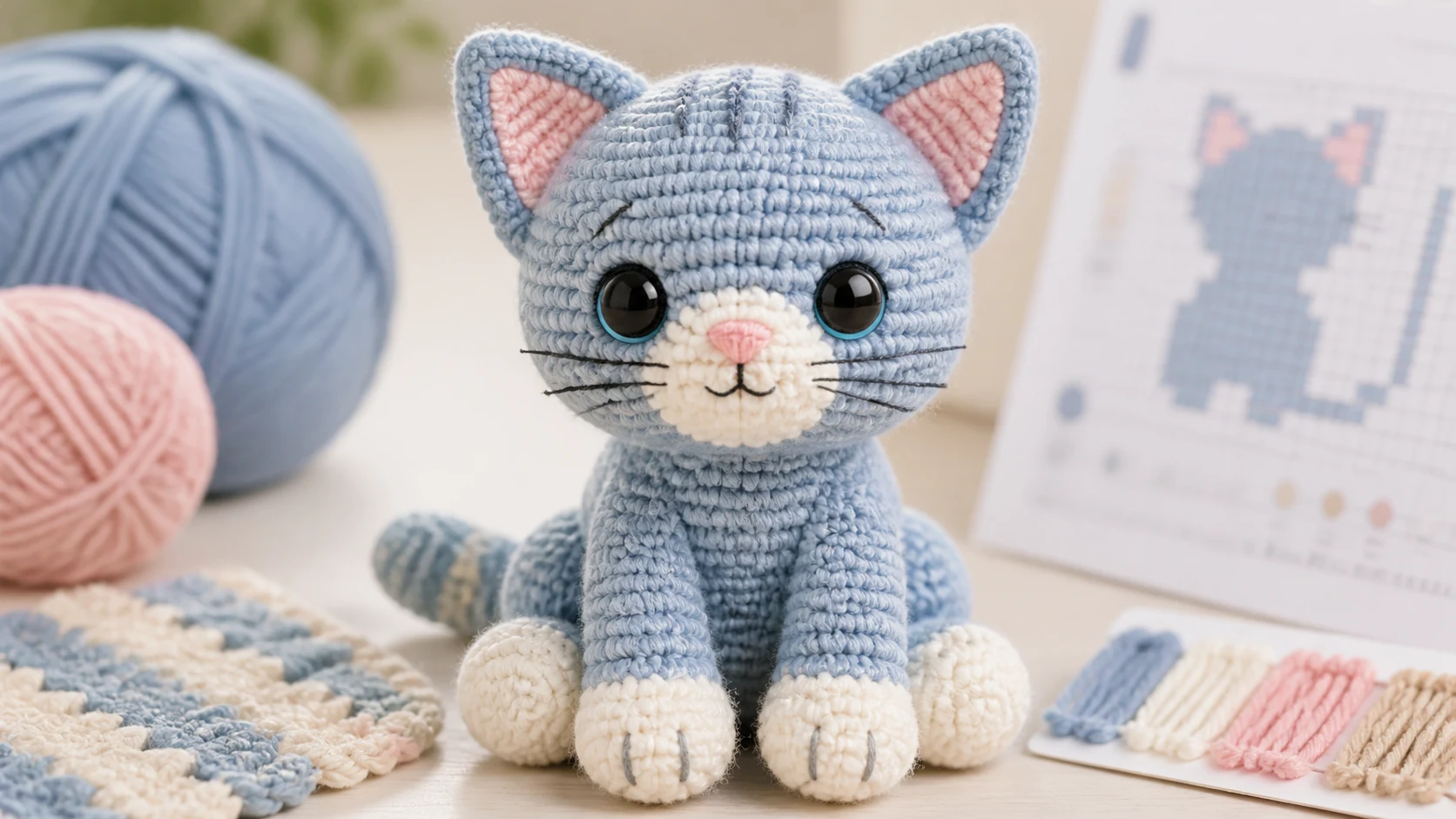 AI crochet pattern maker free preview for a dusty blue kitten crochet toy