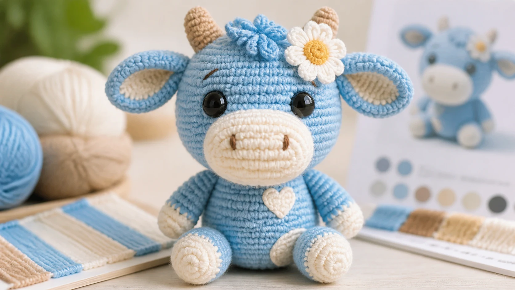 AI crochet pattern generator from image style preview for a blue crochet cow plush