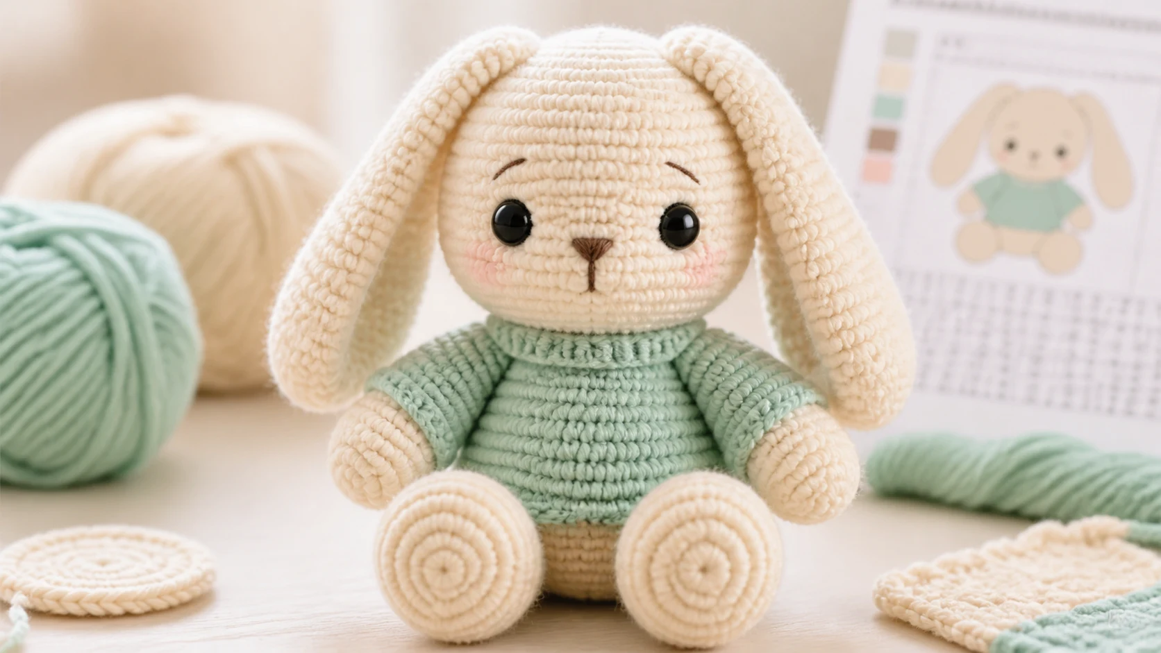 AI crochet patterns free idea showing a cream amigurumi bunny with mint sweater