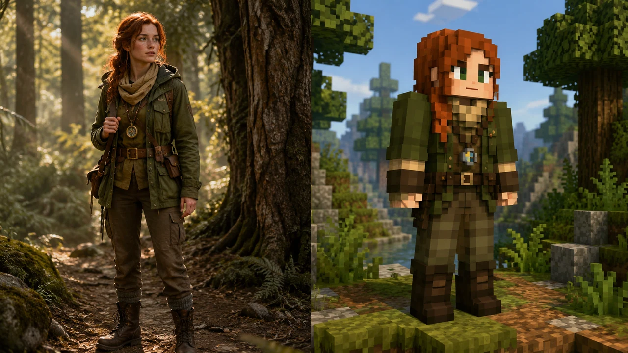 Minecraft skin generator AI example converting a realistic forest ranger reference into a blocky voxel skin