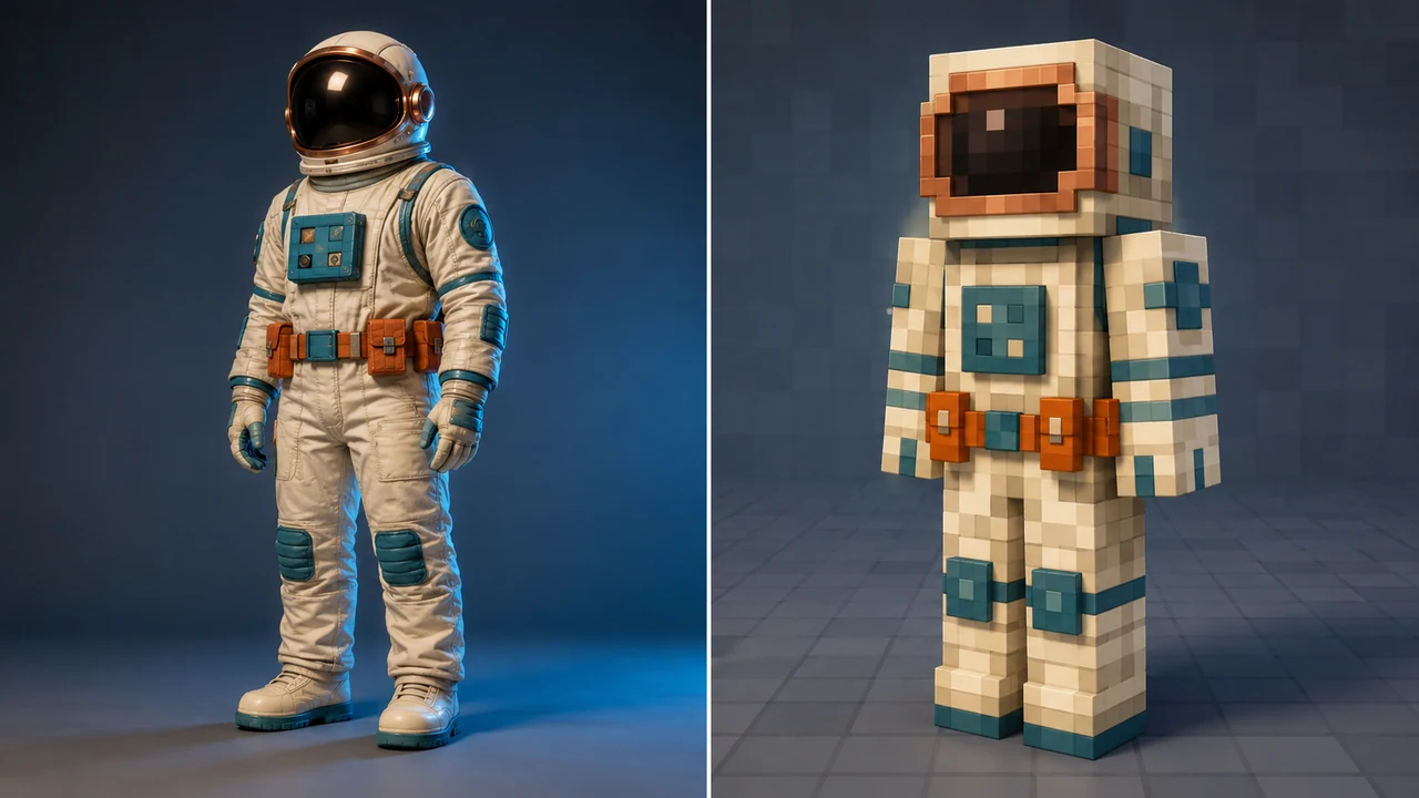 AI Minecraft skin generator free example converting a realistic astronaut reference into an original voxel skin