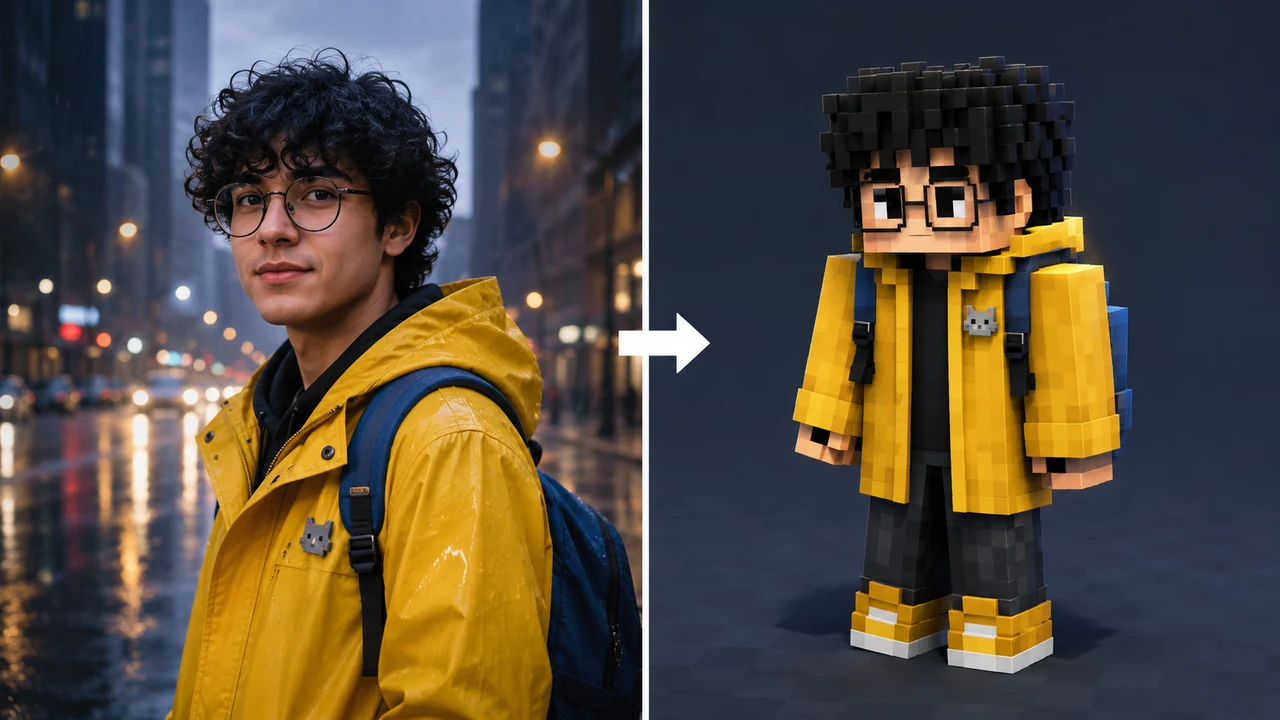 AI Minecraft skin generator from image example converting a realistic raincoat portrait into a voxel skin preview