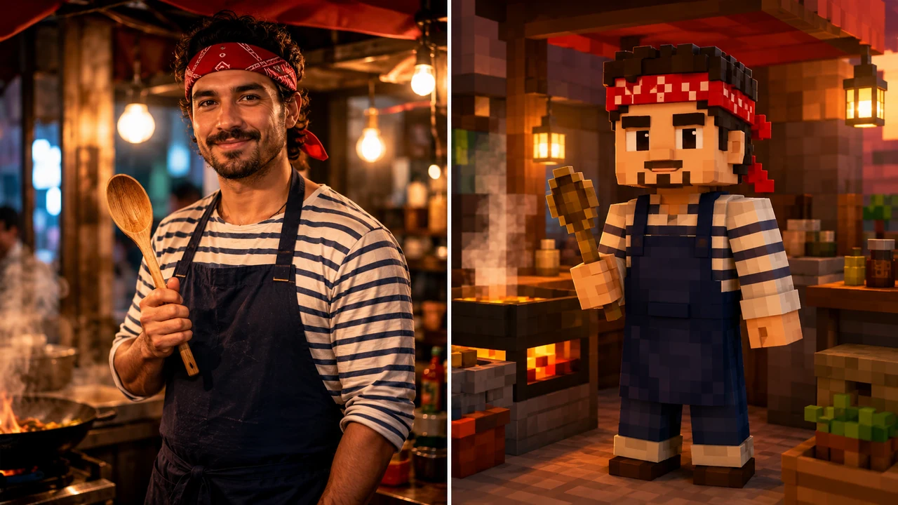 AI Minecraft skin generator game showcase converting a realistic chef reference into a blocky voxel sandbox character skin