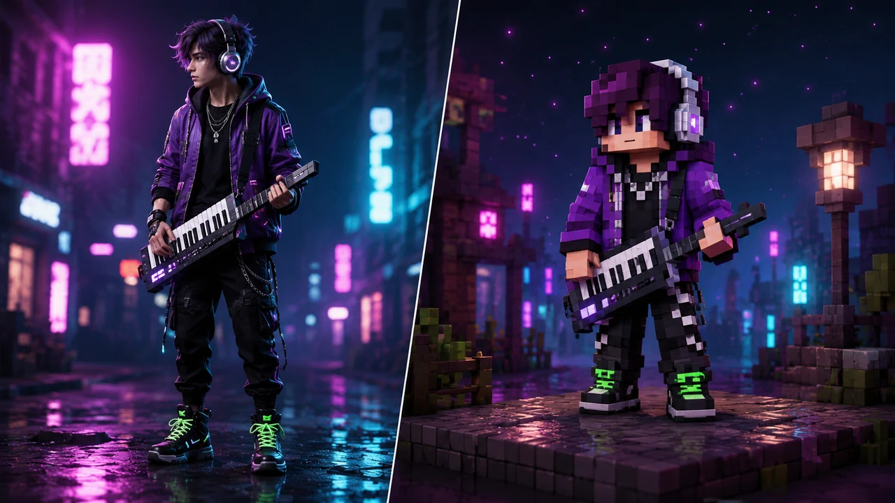 AI Minecraft skin generator comparison turning a realistic cyberpunk musician reference into original voxel skin style