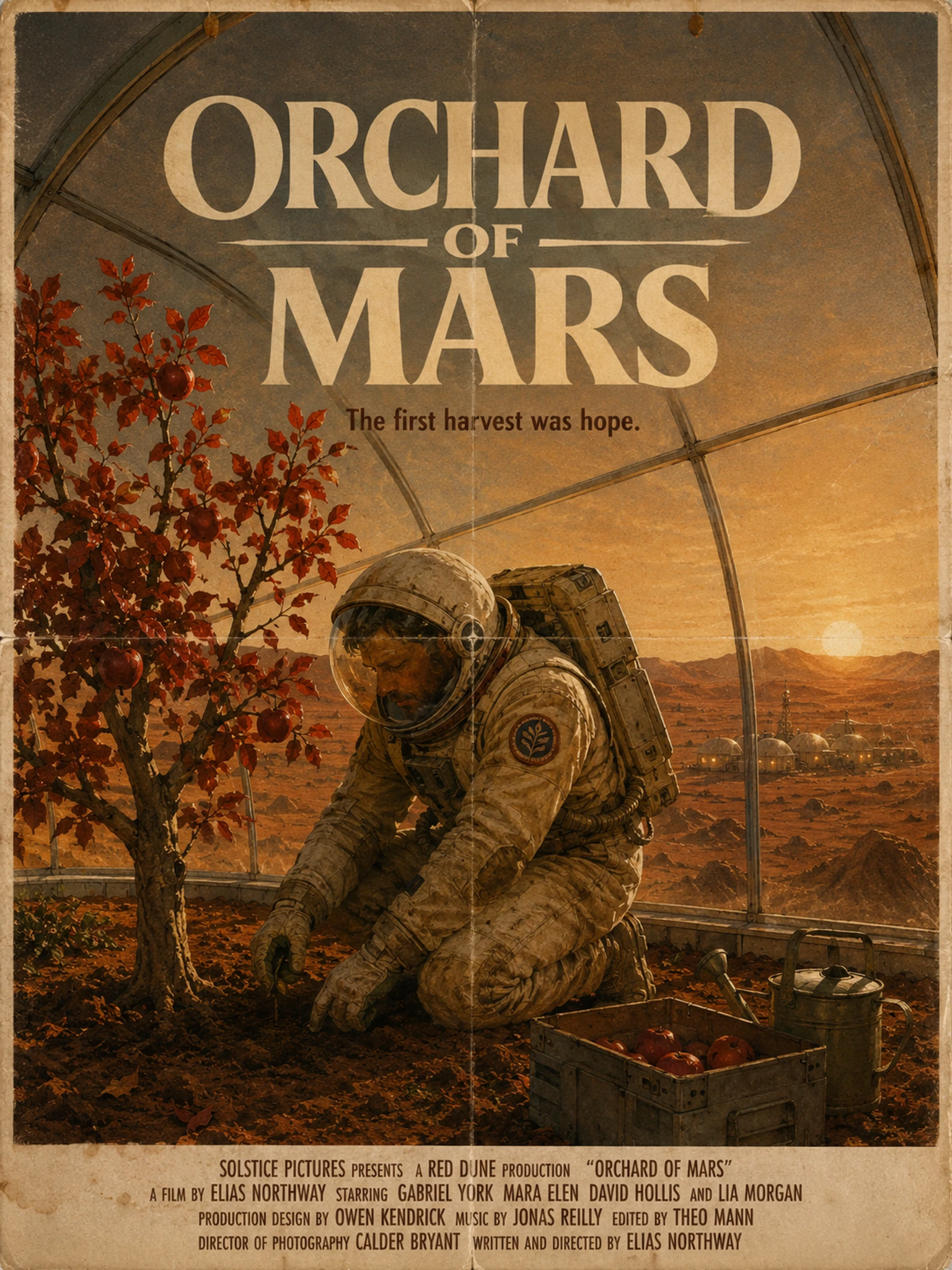 AI movie poster generator from text creating Orchard of Mars, a retro science fiction farming drama poster
