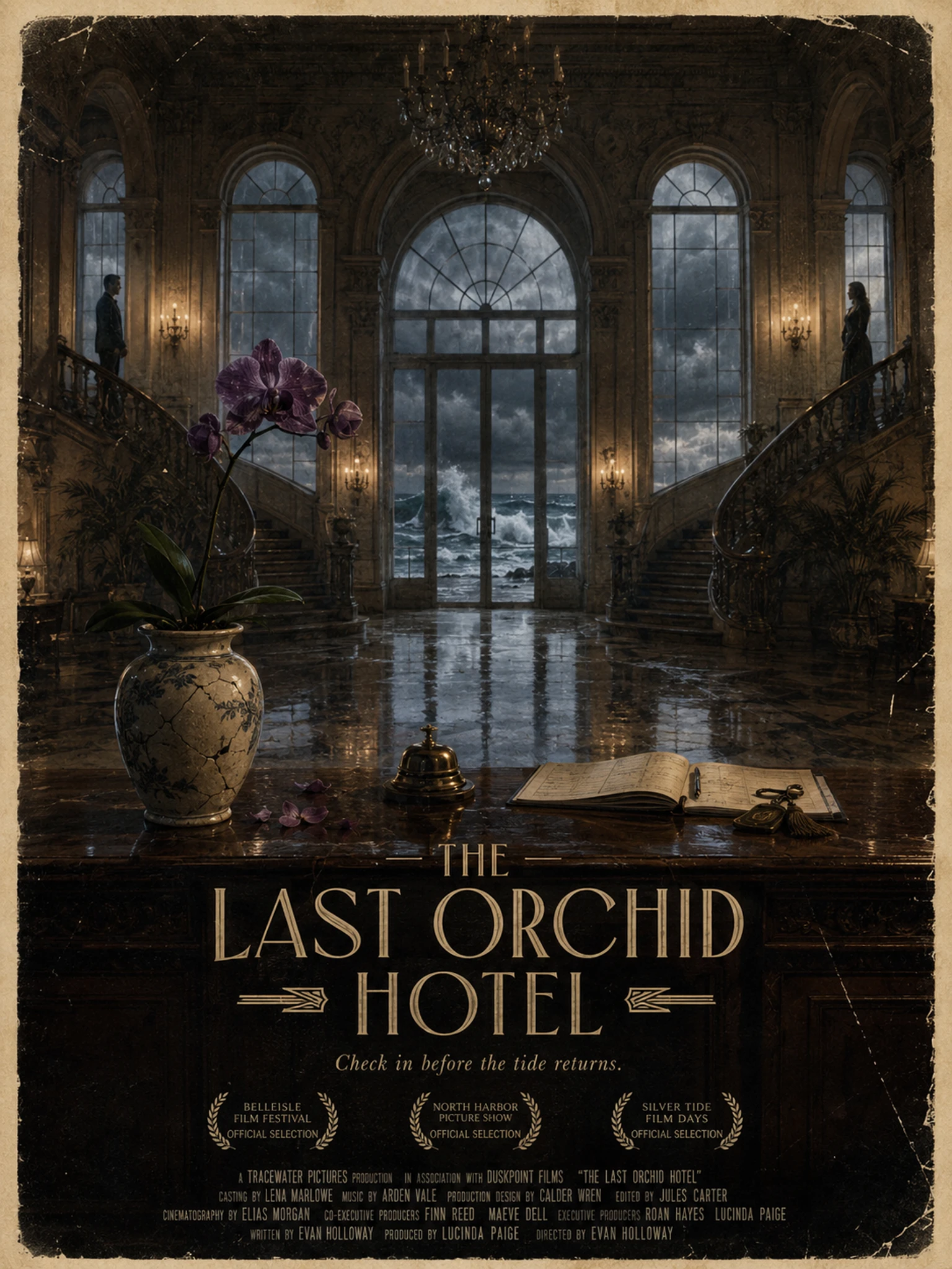 AI movie poster cover for The Last Orchid Hotel, an elegant romantic mystery poster