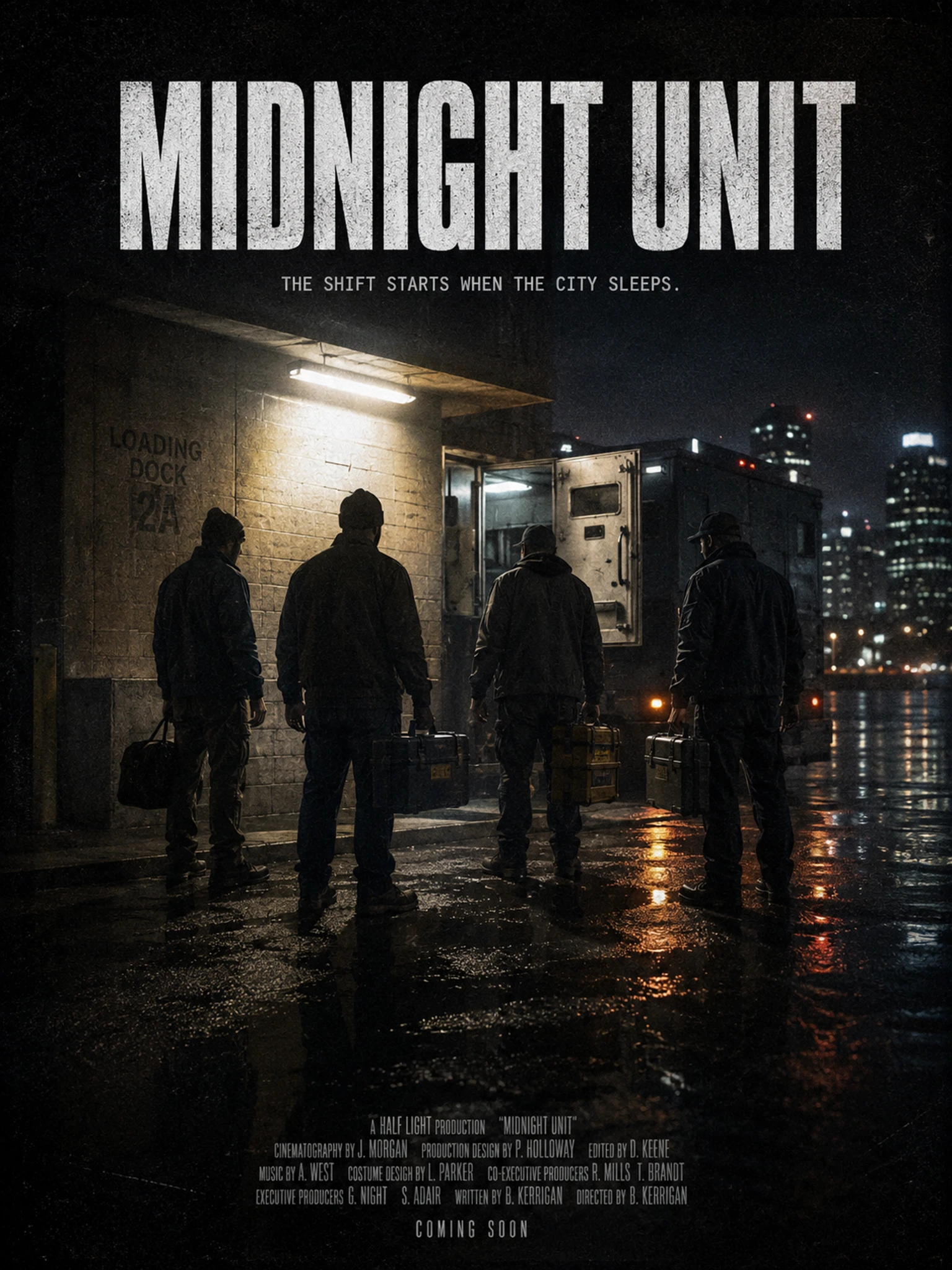 AI movie poster generator showing Midnight Unit, a grounded urban heist thriller poster