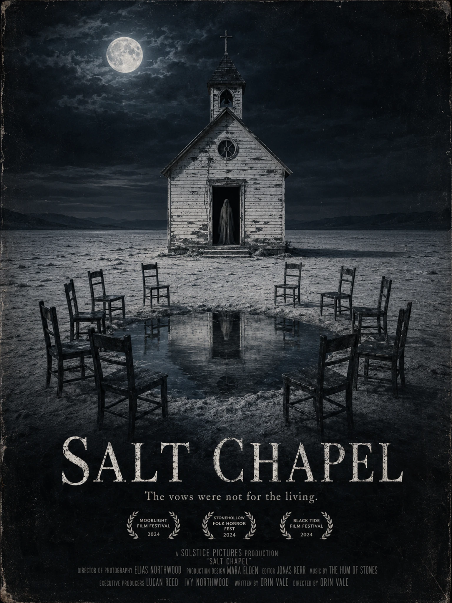 AI horror movie poster generator example for Salt Chapel, a restrained folk horror poster