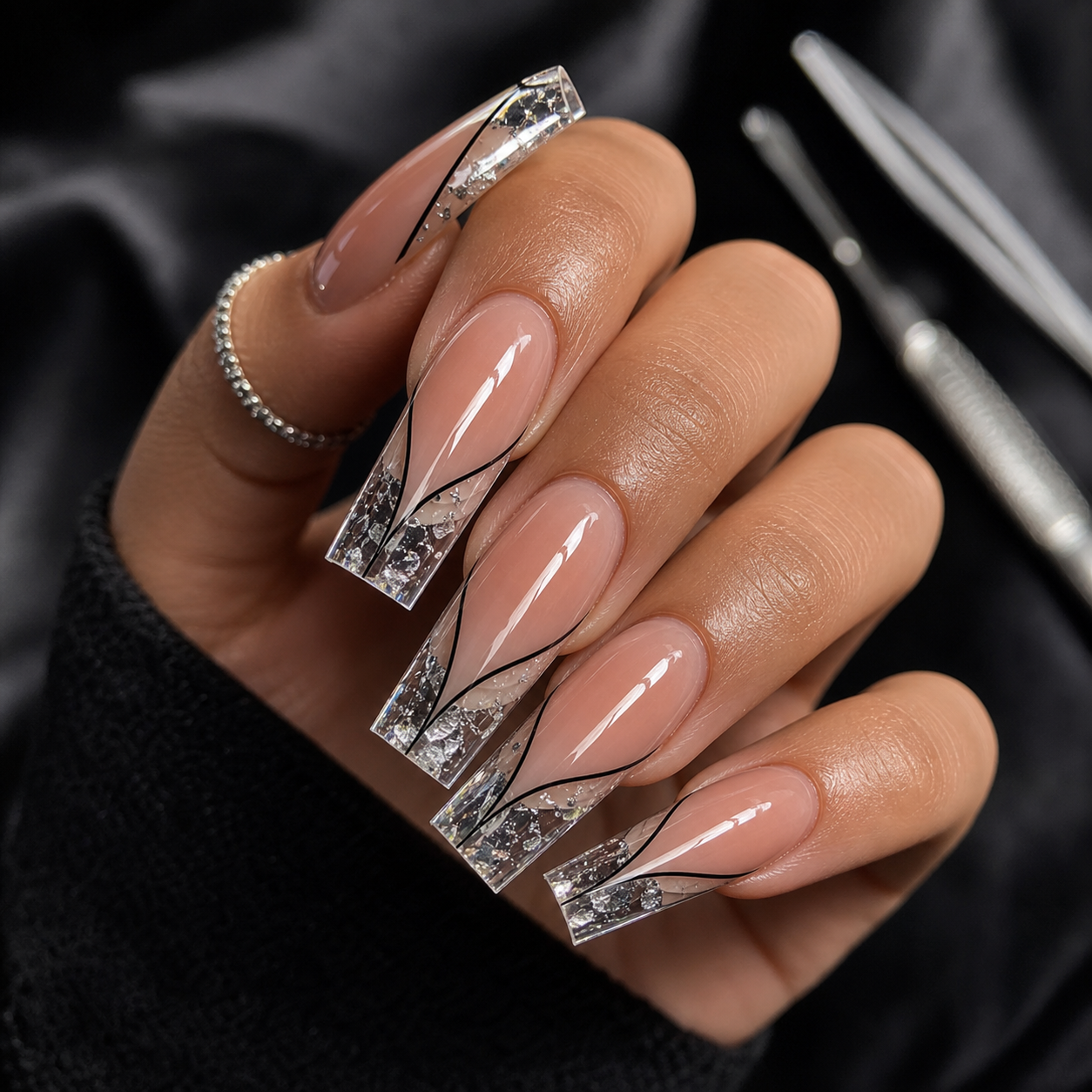 Complementary color nail design showing blue and orange contrast