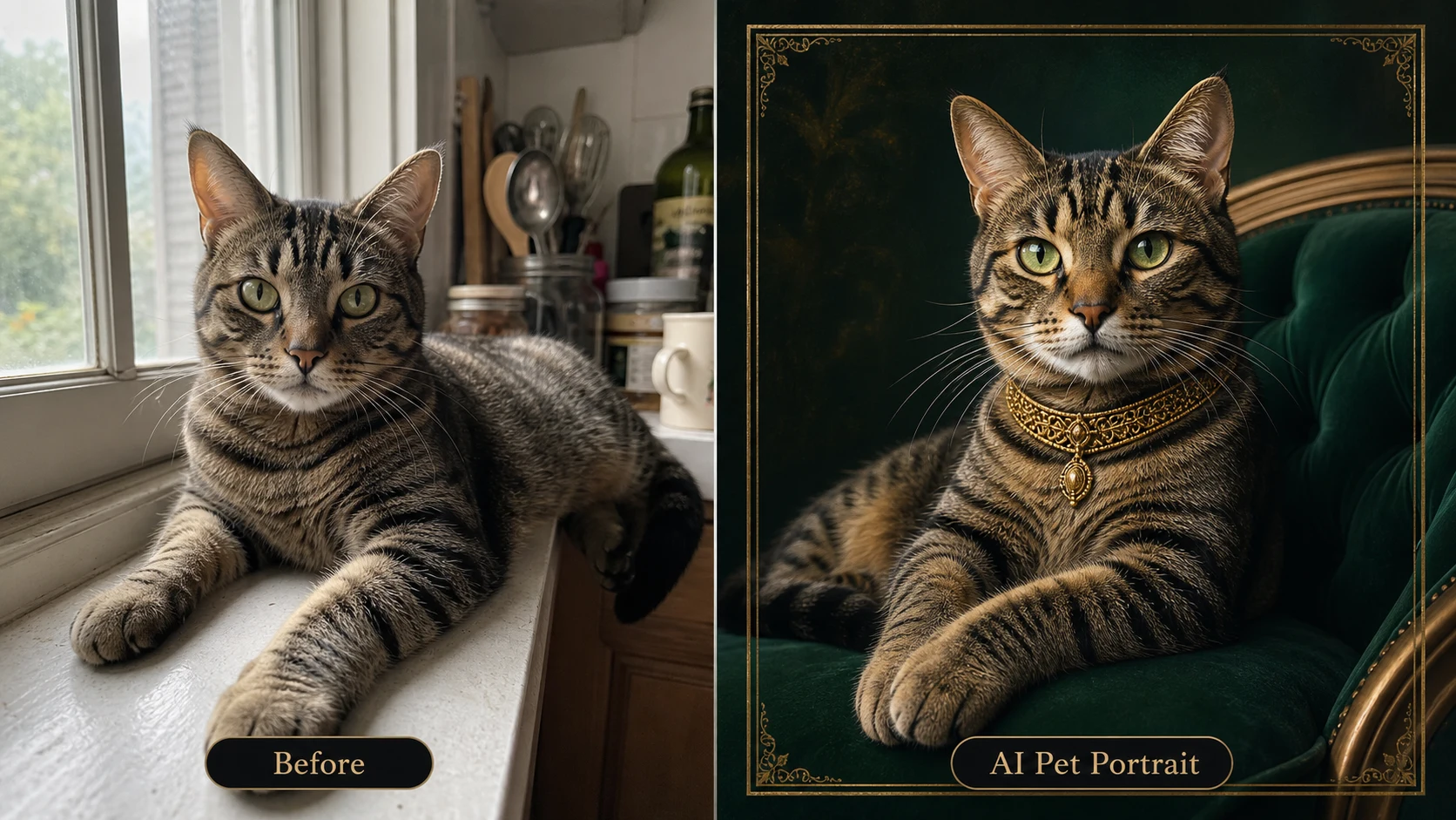 AI pet portrait generator example turning a casual tabby cat photo into an emerald custom AI pet portrait