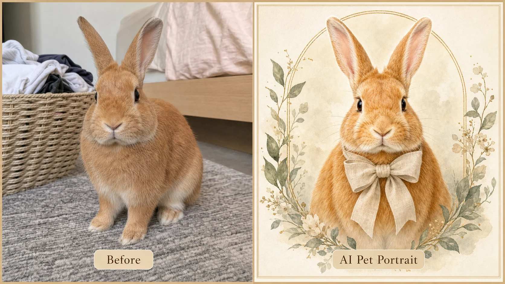 Pet portrait AI example showing a rabbit transformed into a refined watercolor custom pet portrait