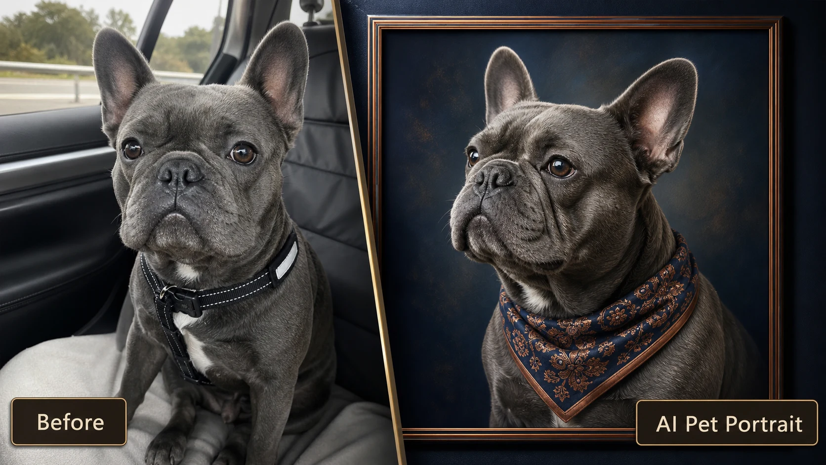 AI dog portrait example showing a French bulldog transformed into a polished oil-paint custom pet portrait