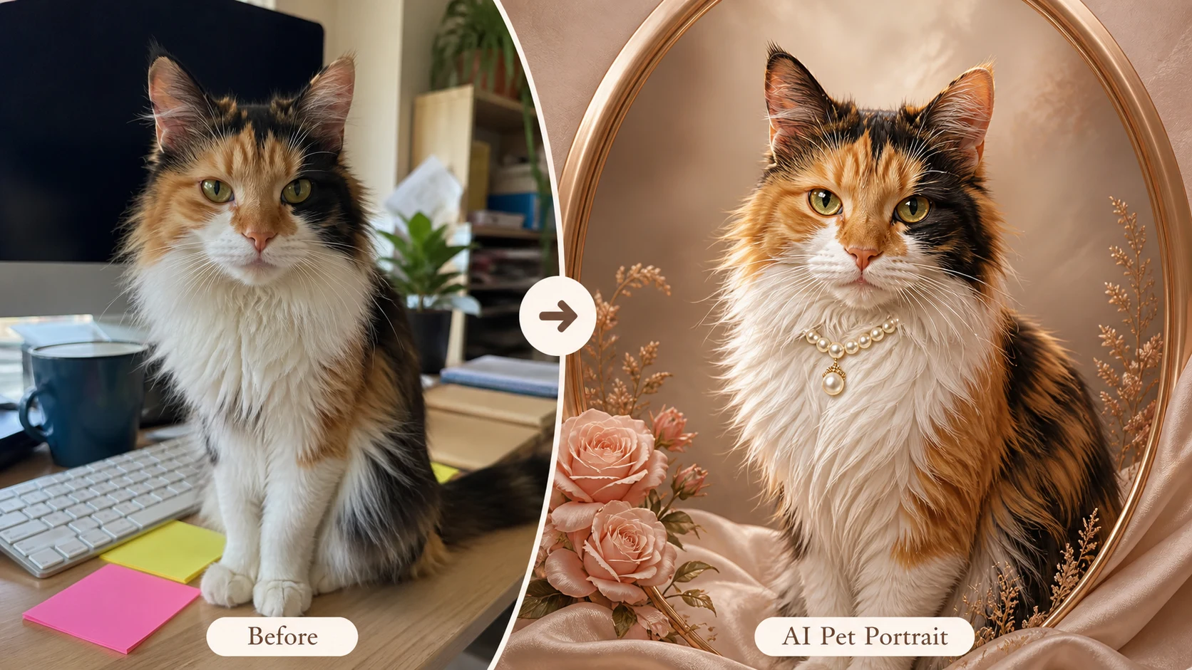 Pet portrait AI example showing a calico cat restyled as a soft rose-gold custom pet portrait