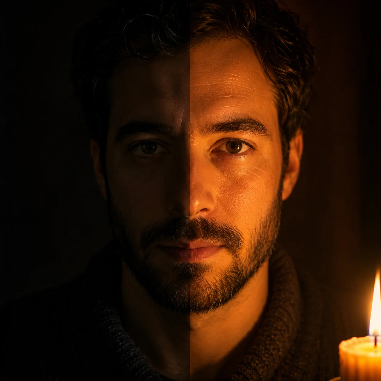 AI photo relight comparison between warm candle glow and dramatic studio spotlight