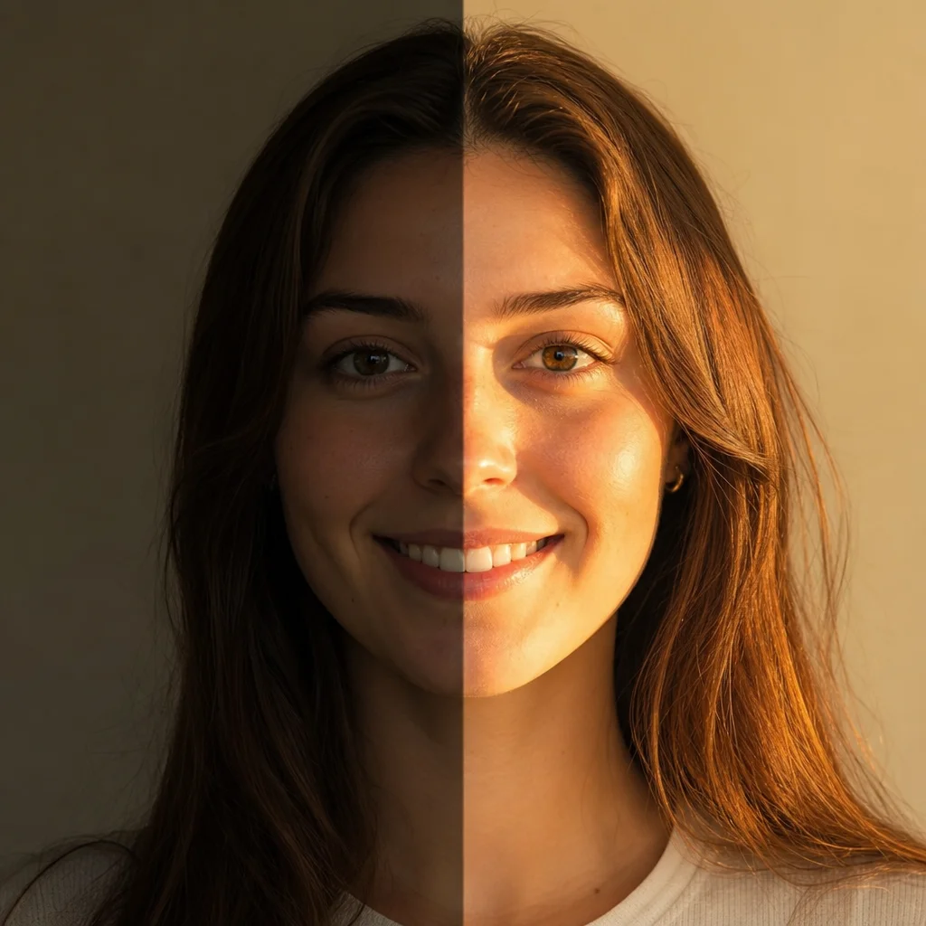 AI photo relight comparison between golden hour sun and overcast sky lighting