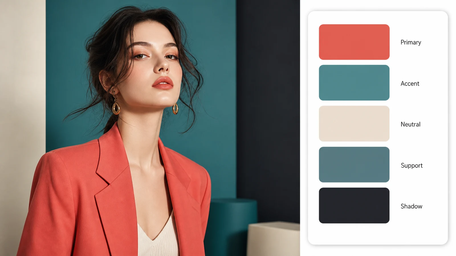Color palette by image example using a fashion portrait with five large role labeled swatches on the right side