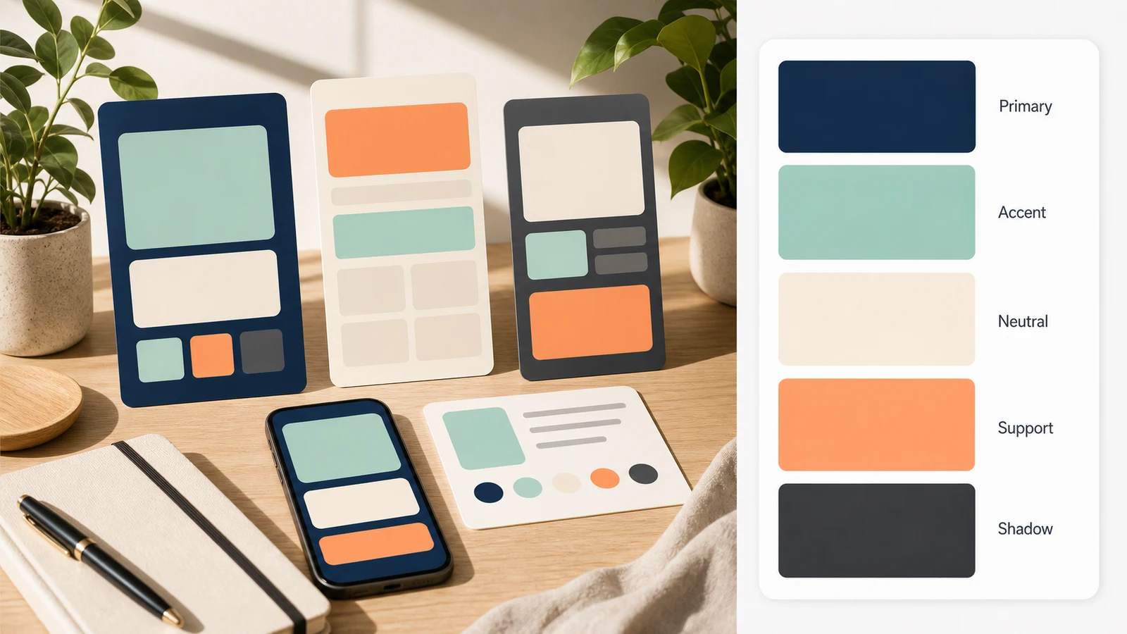 Color palette by image example for a UI moodboard with five role labeled swatches and no numeric color values