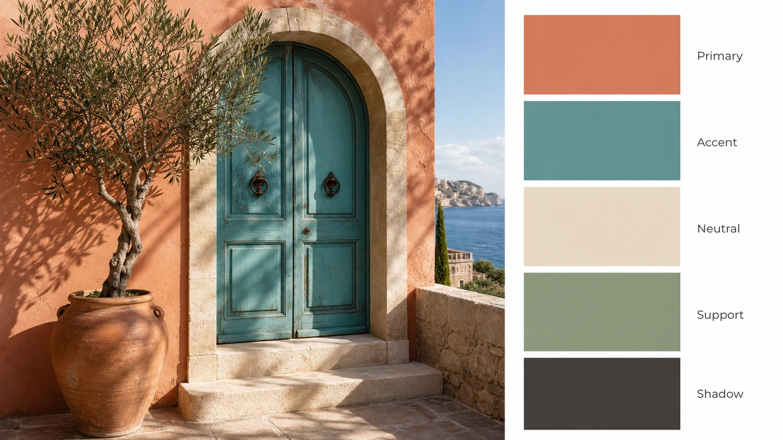 Color palette by image travel example using a Mediterranean doorway and five large role labeled swatches