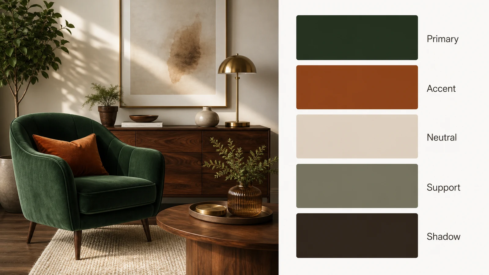 Color palette by image interior design example with a green chair, warm wood, and five role labeled swatches