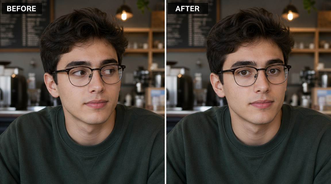 Comparison showing eye direction change from closed eyes and off-camera gaze to looking at camera