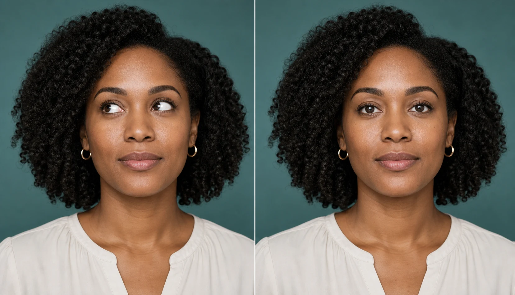 Natural eye reconstruction result after AI gaze redirection showing preserved skin and eyelid detail
