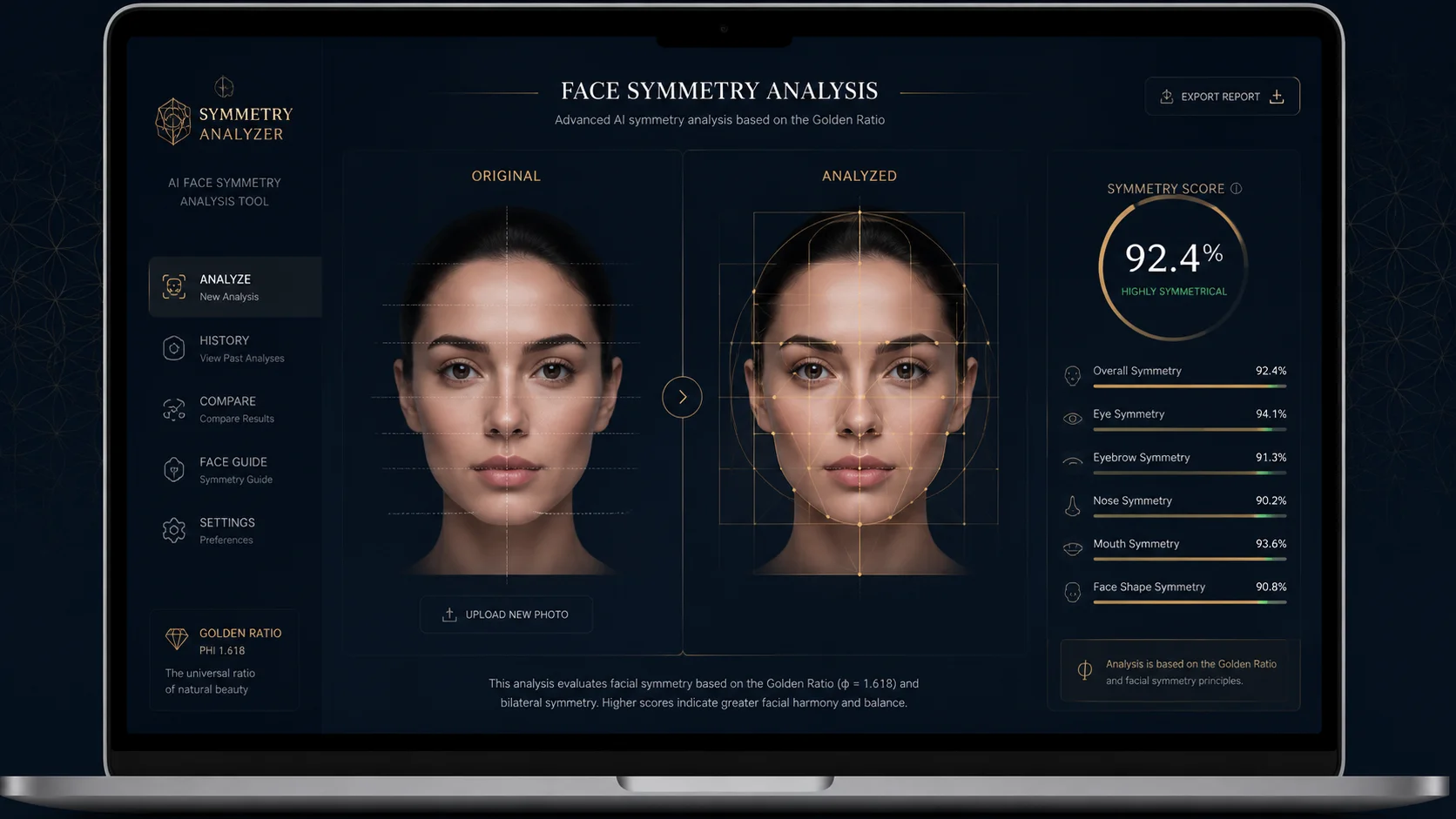 OpenImg symmetrical face check data export interface showing raw analysis metrics