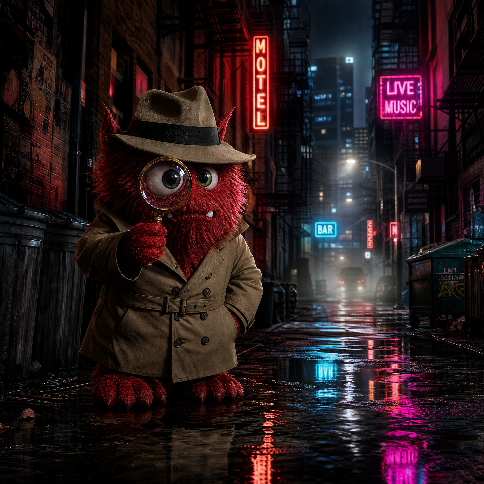 Goofy AI images animal character showcase with a detective cat in noir style
