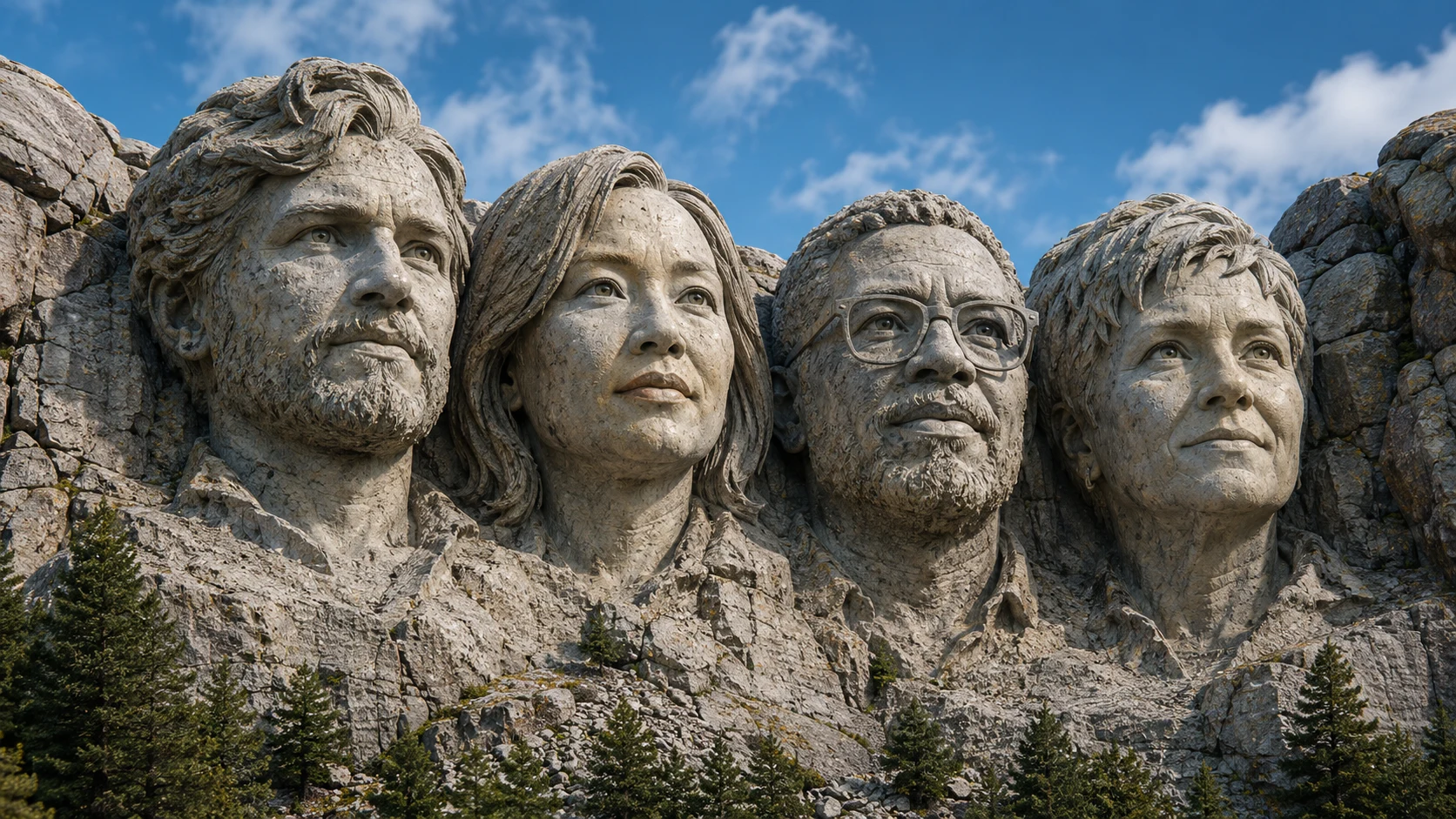 Mount Rushmore creator AI showcase with four fictional podcast hosts carved into weathered stone