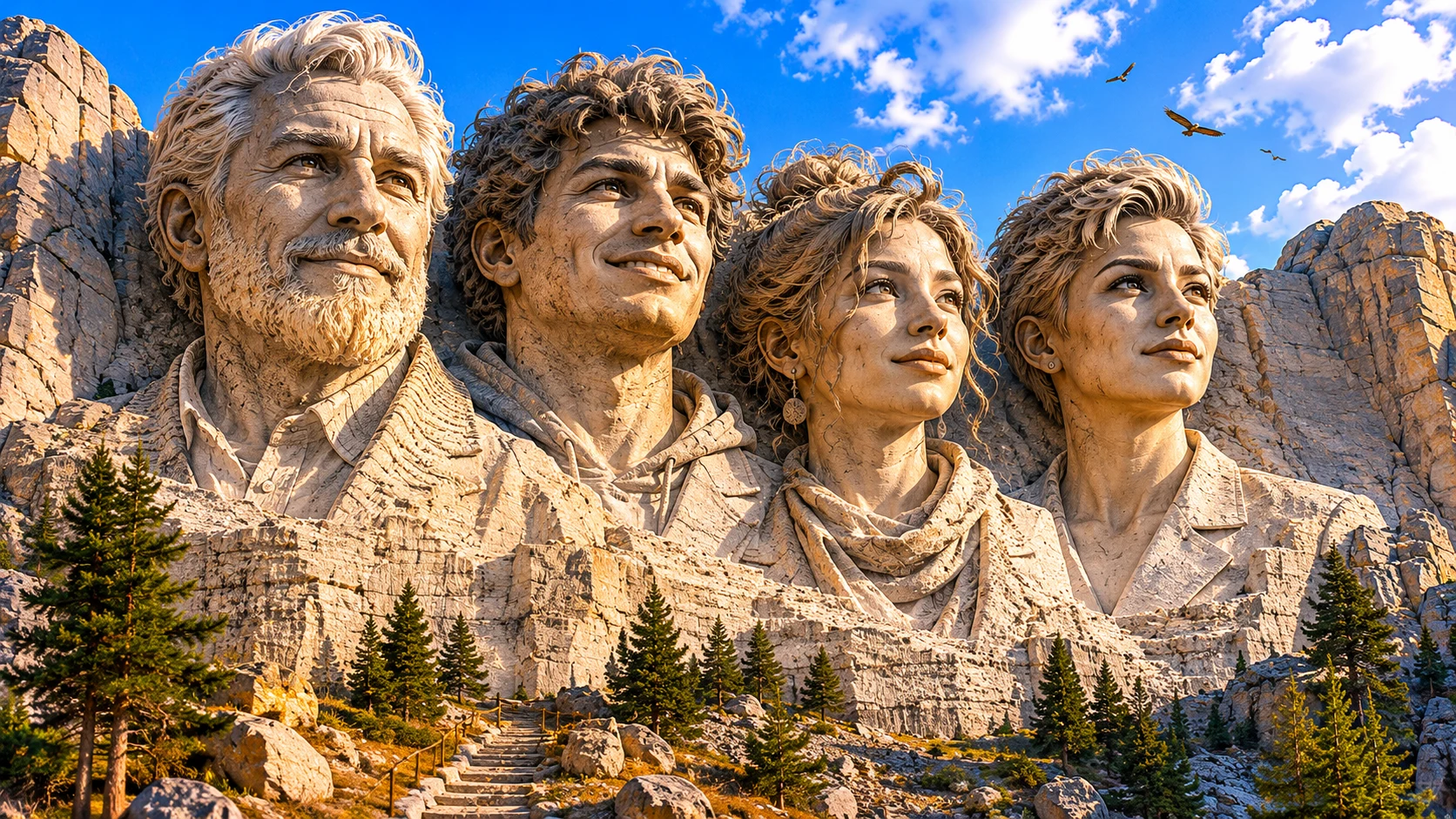 Mount Rushmore maker online free example with four original family portraits carved into granite