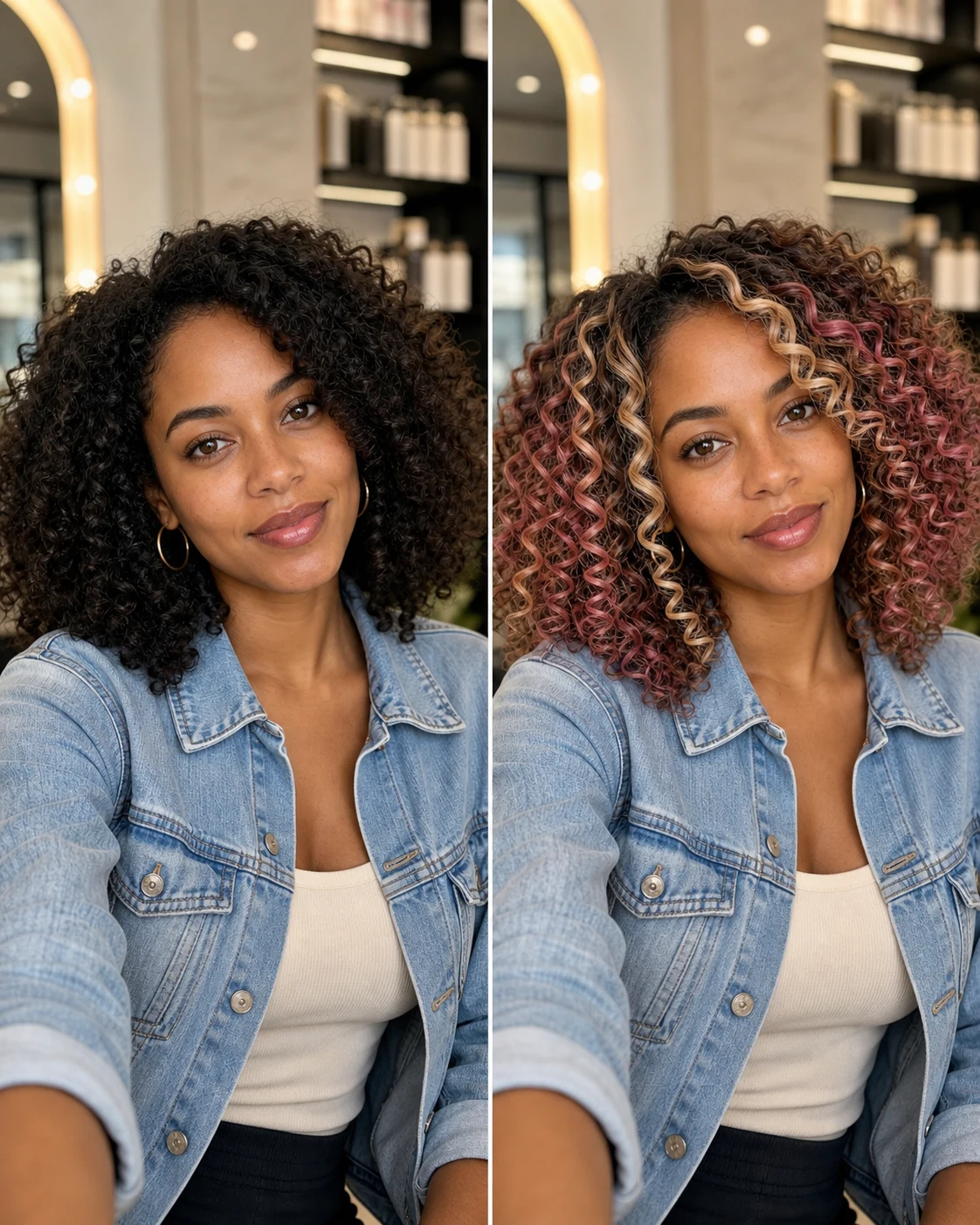 Neapolitan hair filter online preview on curly hair with strawberry chocolate vanilla highlights