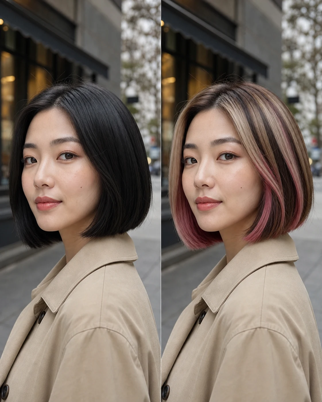 Neapolitan hair color filter on a bob with pink brown blonde peekaboo placement