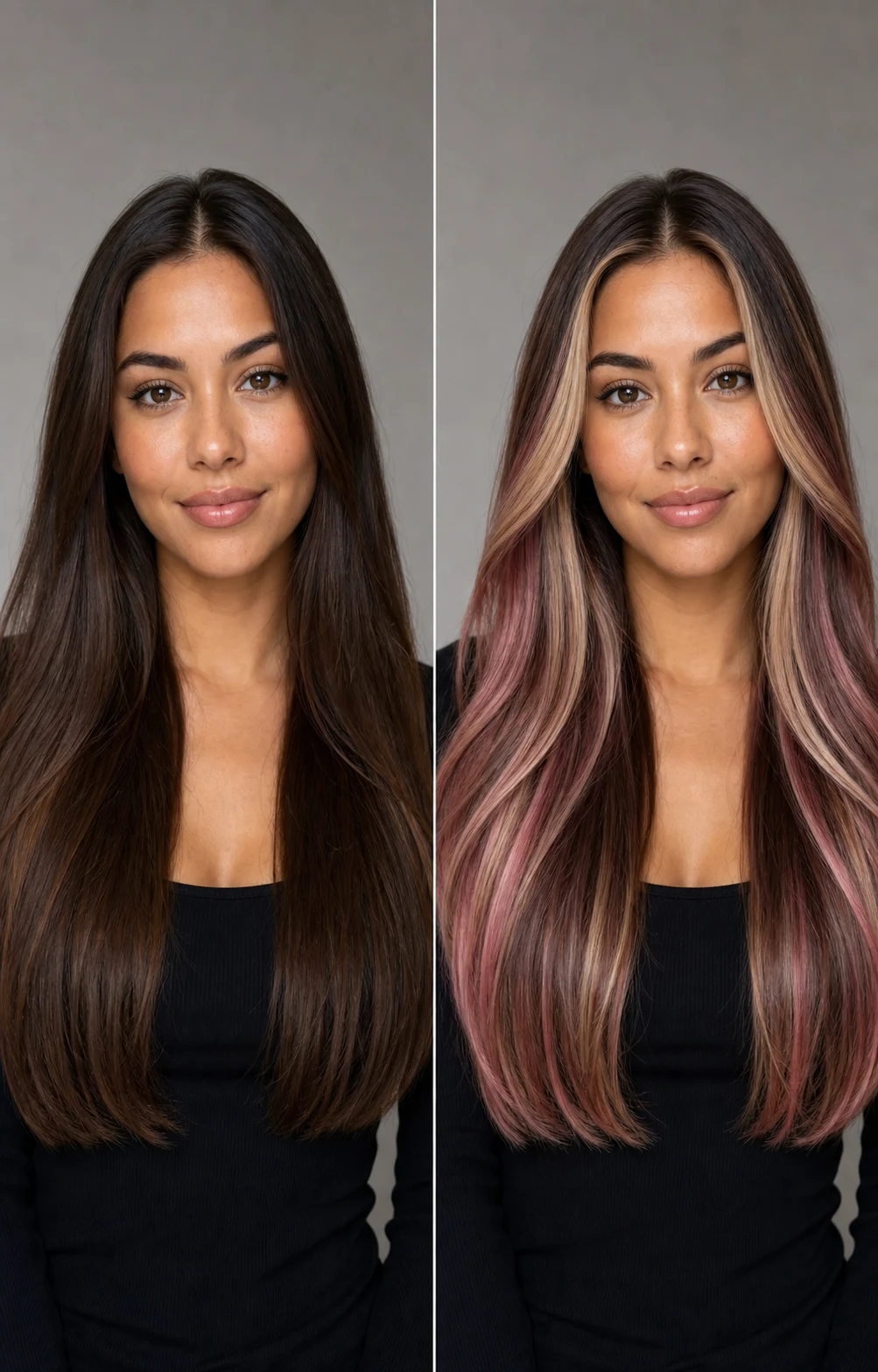 Realistic neapolitan hair filter on long hair with pink blonde brown ribbons