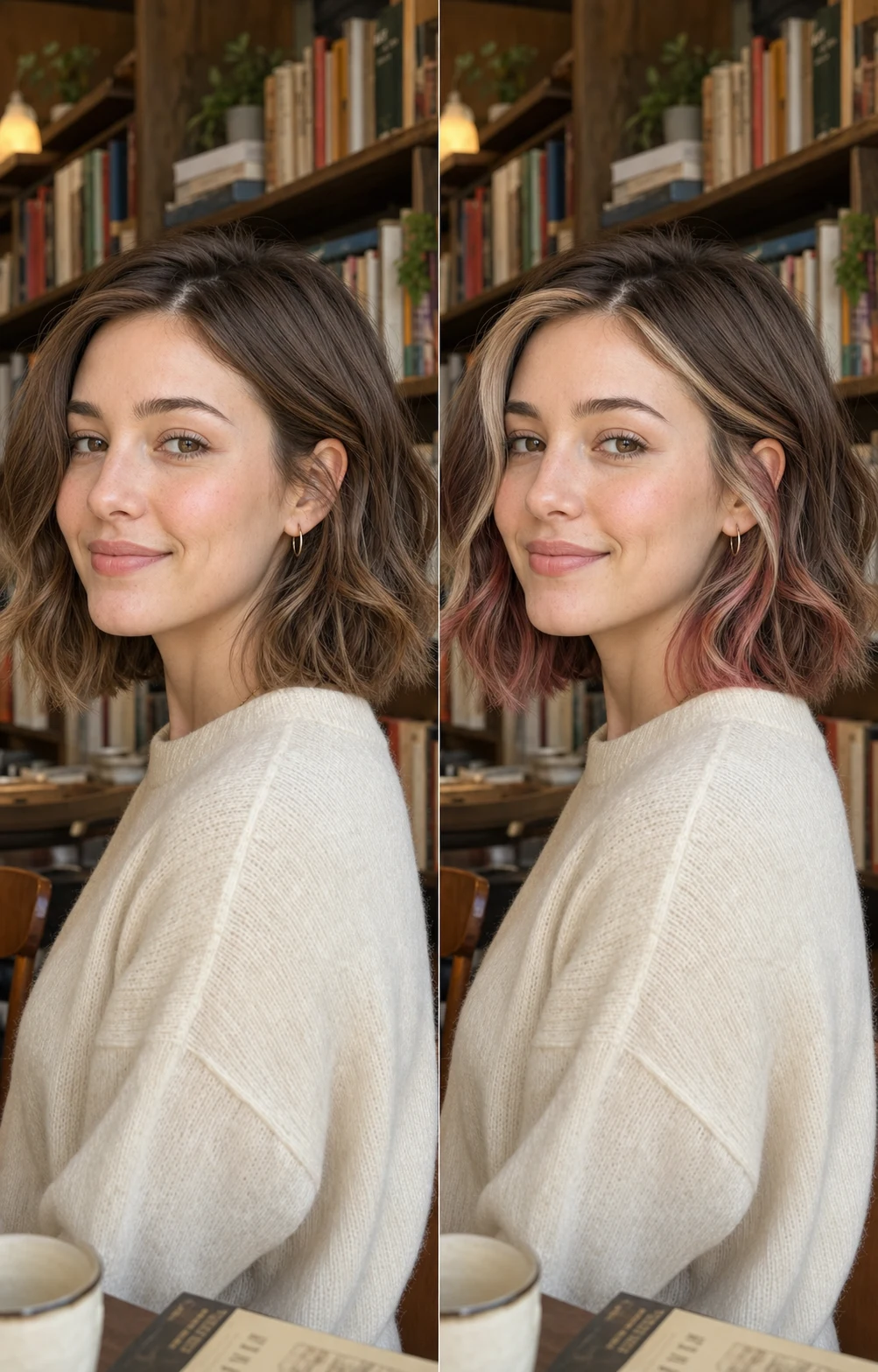 Neapolitan hair filter with peekaboo pink blonde brown color on a side profile portrait