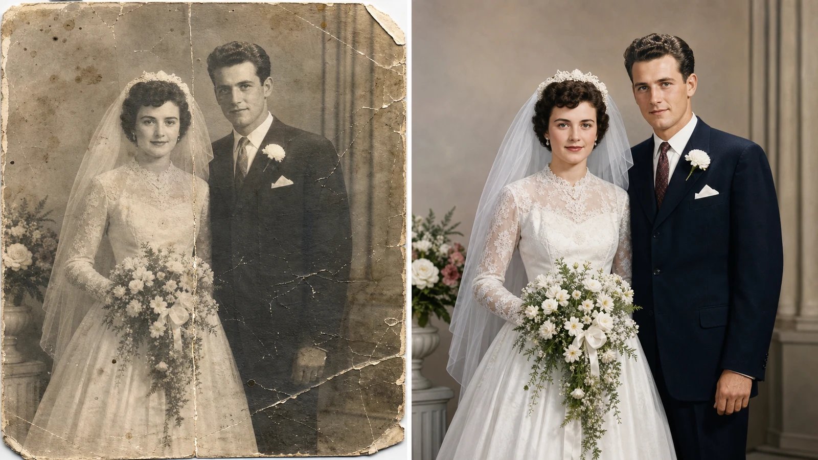 Best old photo restorer repairing a cracked and water-stained vintage wedding portrait