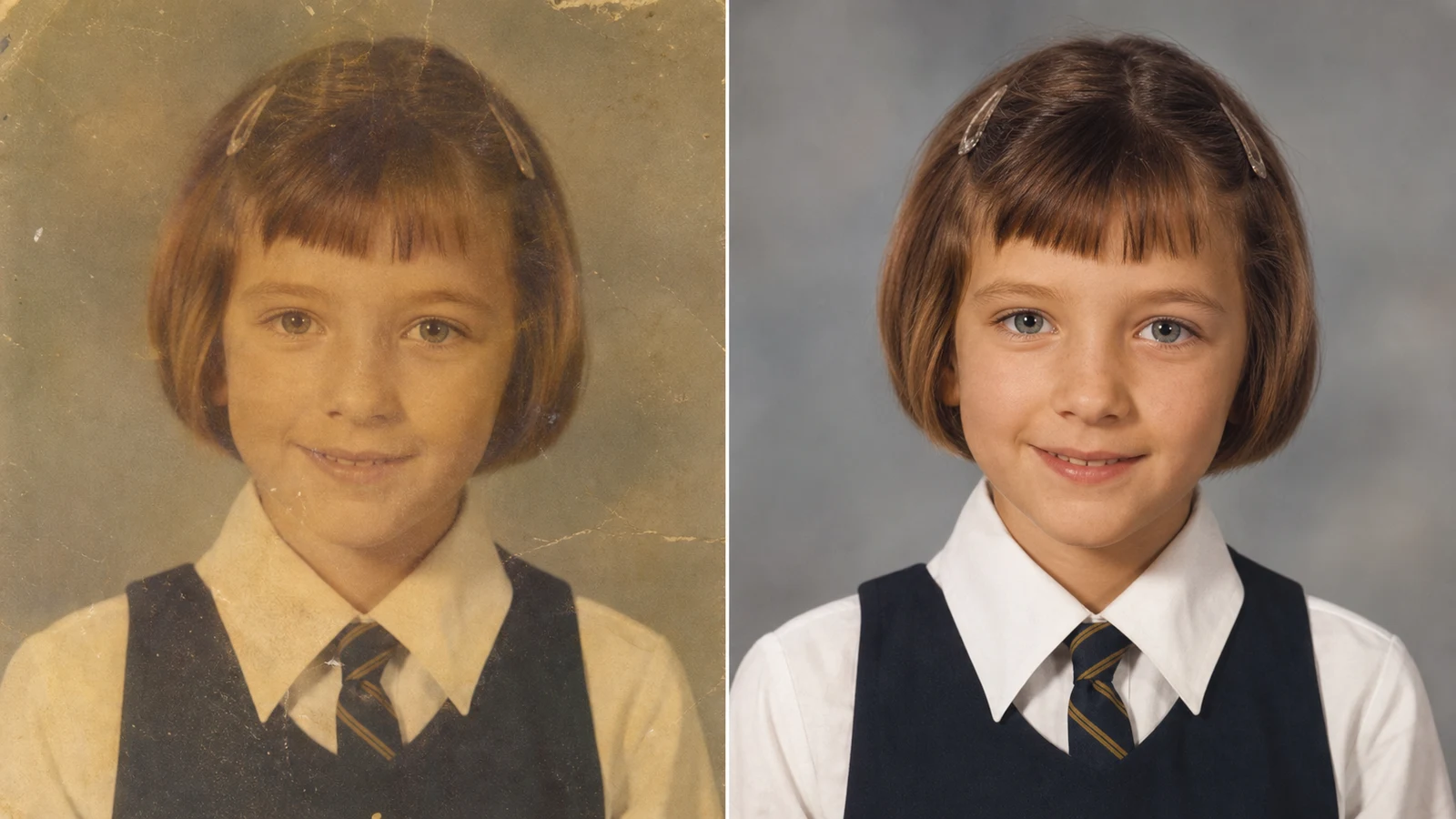 AI old photo restorer converting a faded childhood school portrait into a crisp 4K color result
