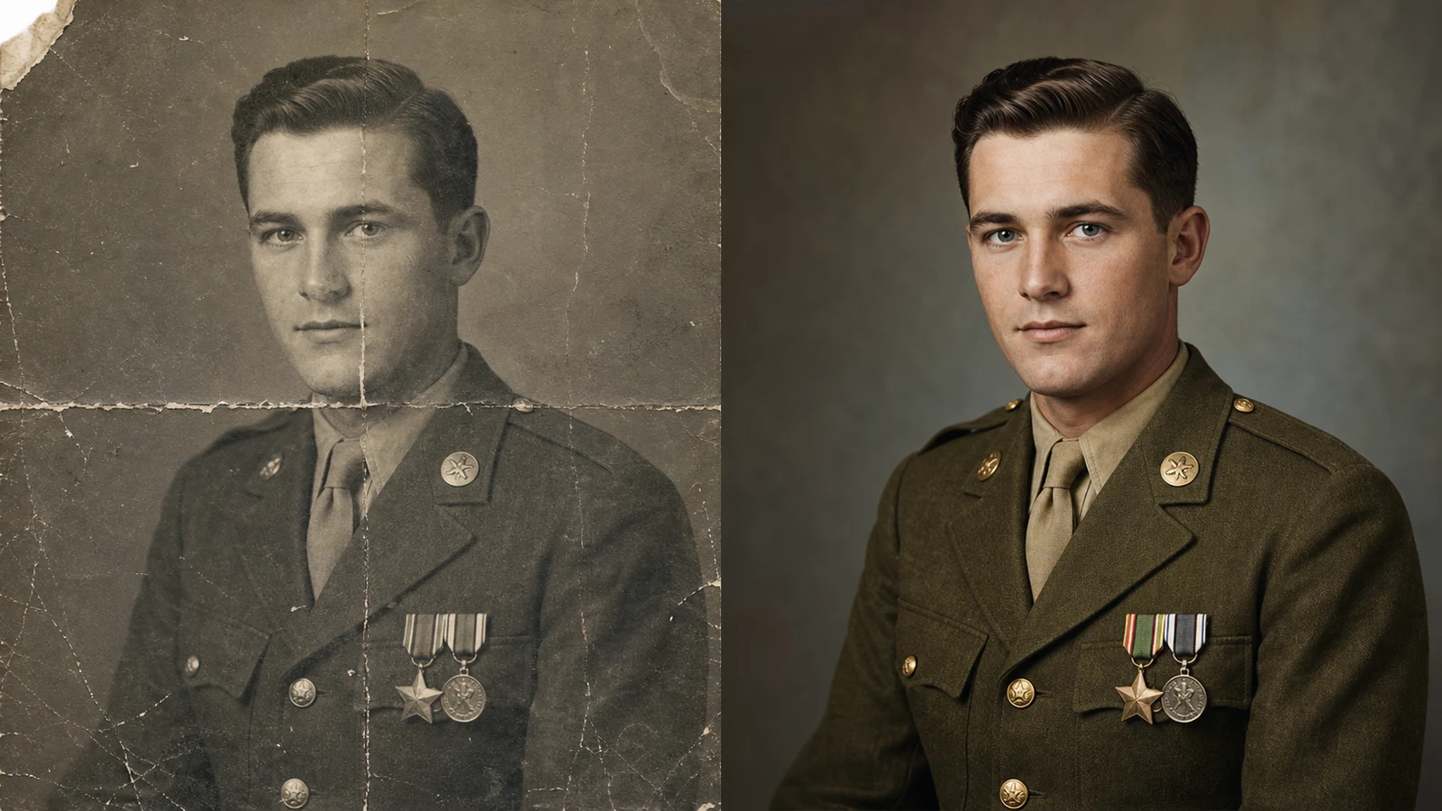 Old photo restorer and colorizer restoring a damaged 1940s military portrait with natural detail