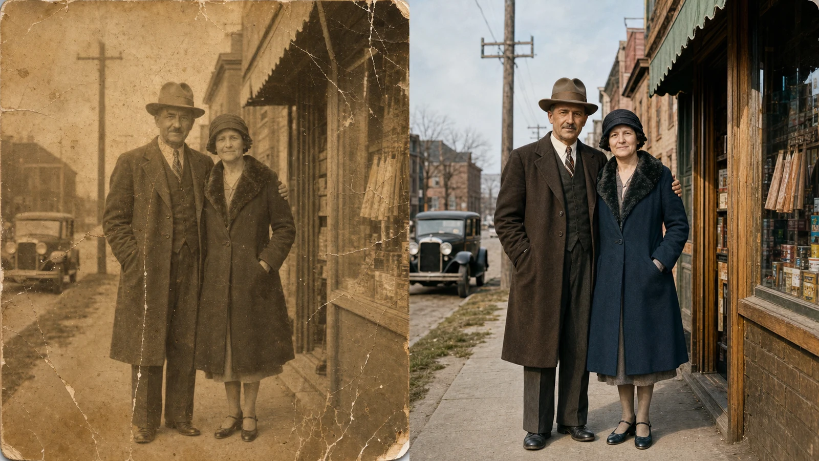 AI old photo restorer colorizer upscaler restoring a scratched street portrait with natural colors