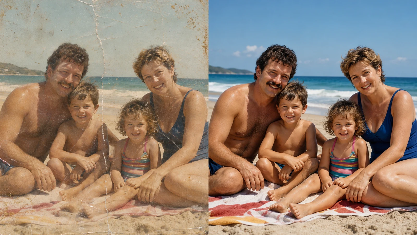 Old photo to new 4K online restoration for a faded family beach snapshot
