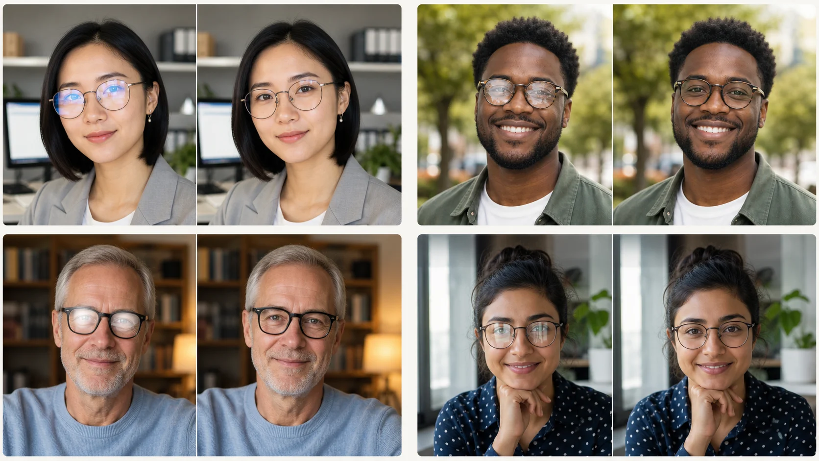 Multiple AI glare removal output variations from different prompt inputs compared side by side