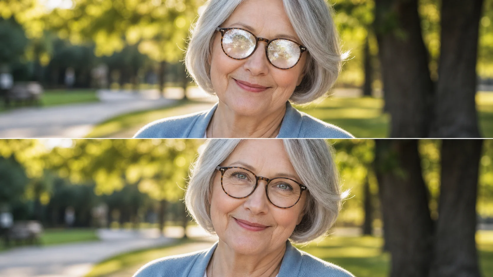Open detection pipeline showing AI-identified glare zones on eyeglasses before removal