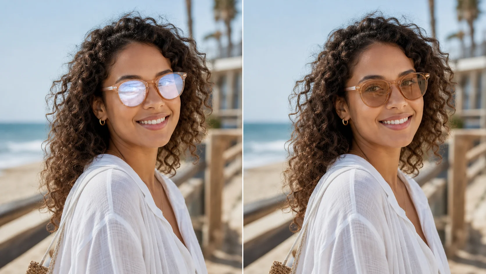 AI prompt example showing preserved catchlight after glasses glare removal